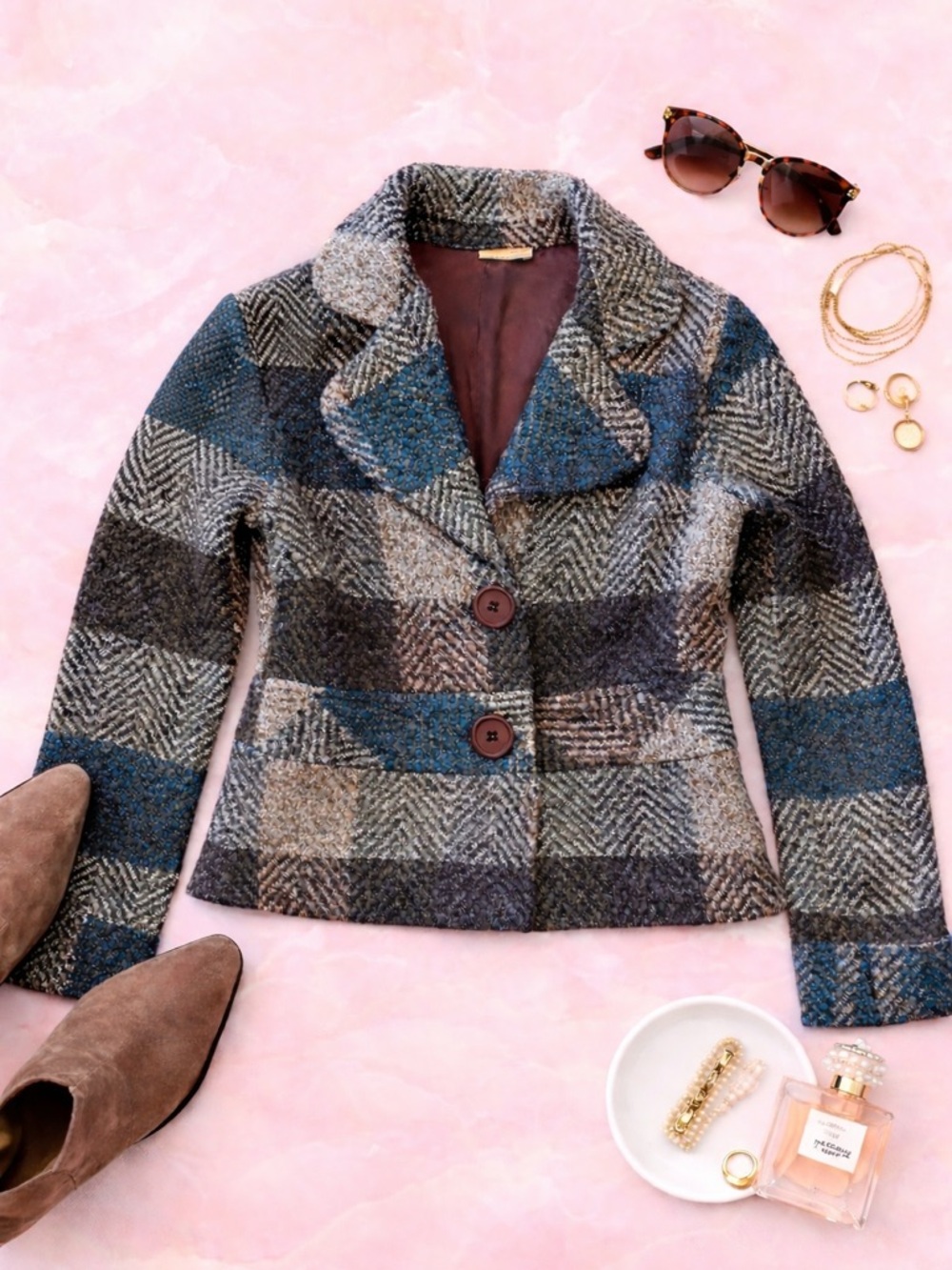 Miu Miu Tweed Blazer Jacket | Size S | Blue Grey | Plaid Structured - Chic